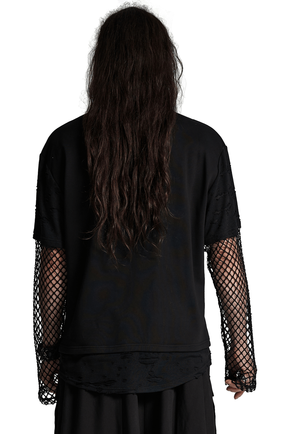 Edgy punk mesh-sleeved distressed top for men with urban streetwear vibe and rebellious style featuring relaxed fit and knit base.