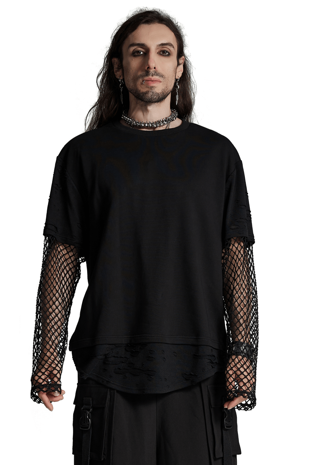 Edgy punk mesh-sleeved distressed top for men with urban streetwear style, featuring mesh sleeves and a relaxed fit.