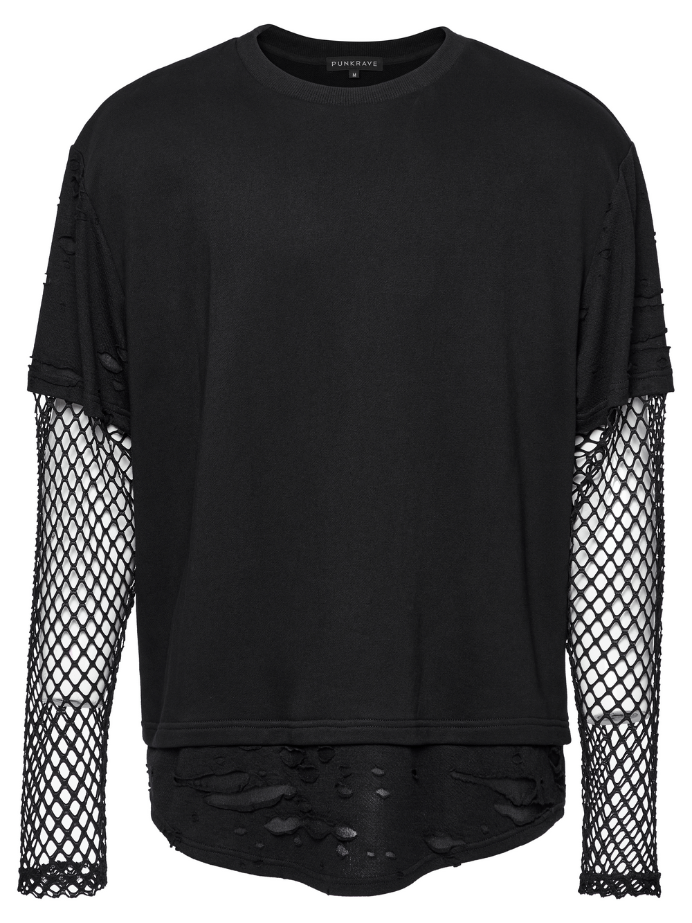 Edgy punk mesh-sleeved distressed top for men with knit fabric and rebellious urban streetwear style.