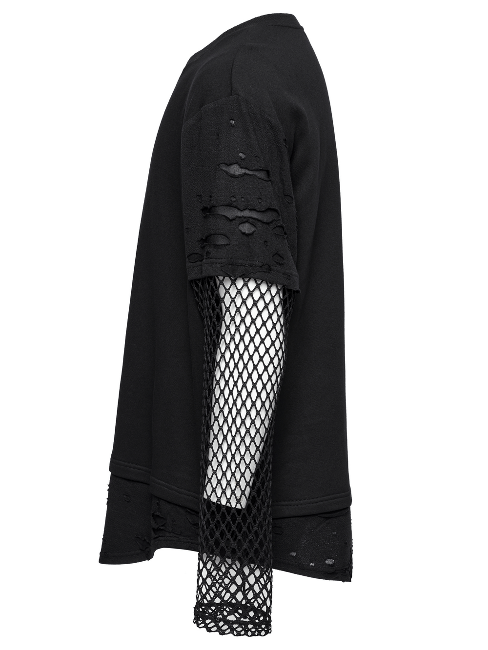 Edgy punk mesh-sleeved distressed top for men with urban streetwear style and bold knit fabric and mesh sleeves.