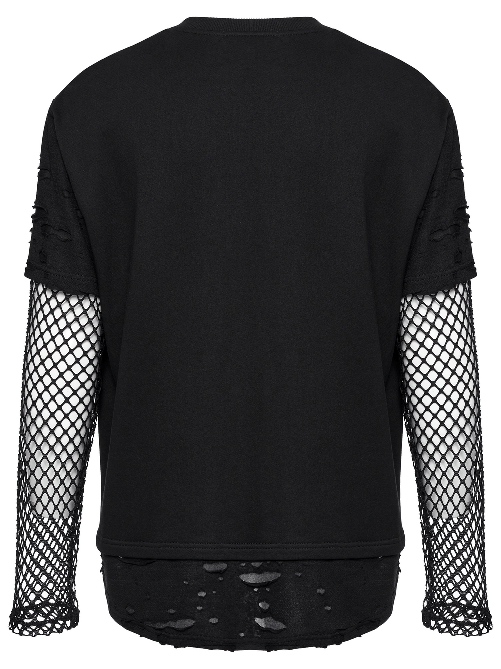 Men's black punk top with mesh sleeves and distressed hem, perfect for urban streetwear fashion and bold edgy style.