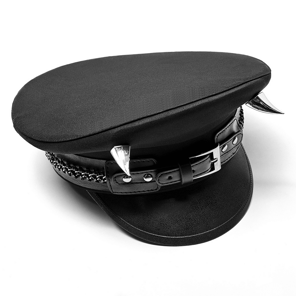 Edgy Punk Military Cap with PU Leather Buckles and Spikes