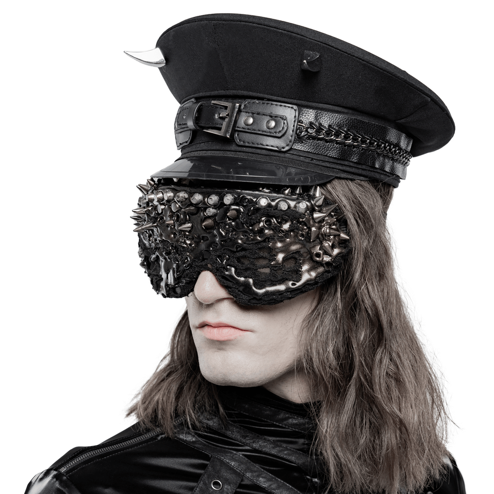 Edgy Punk Military Cap with PU Leather Buckles and Spikes