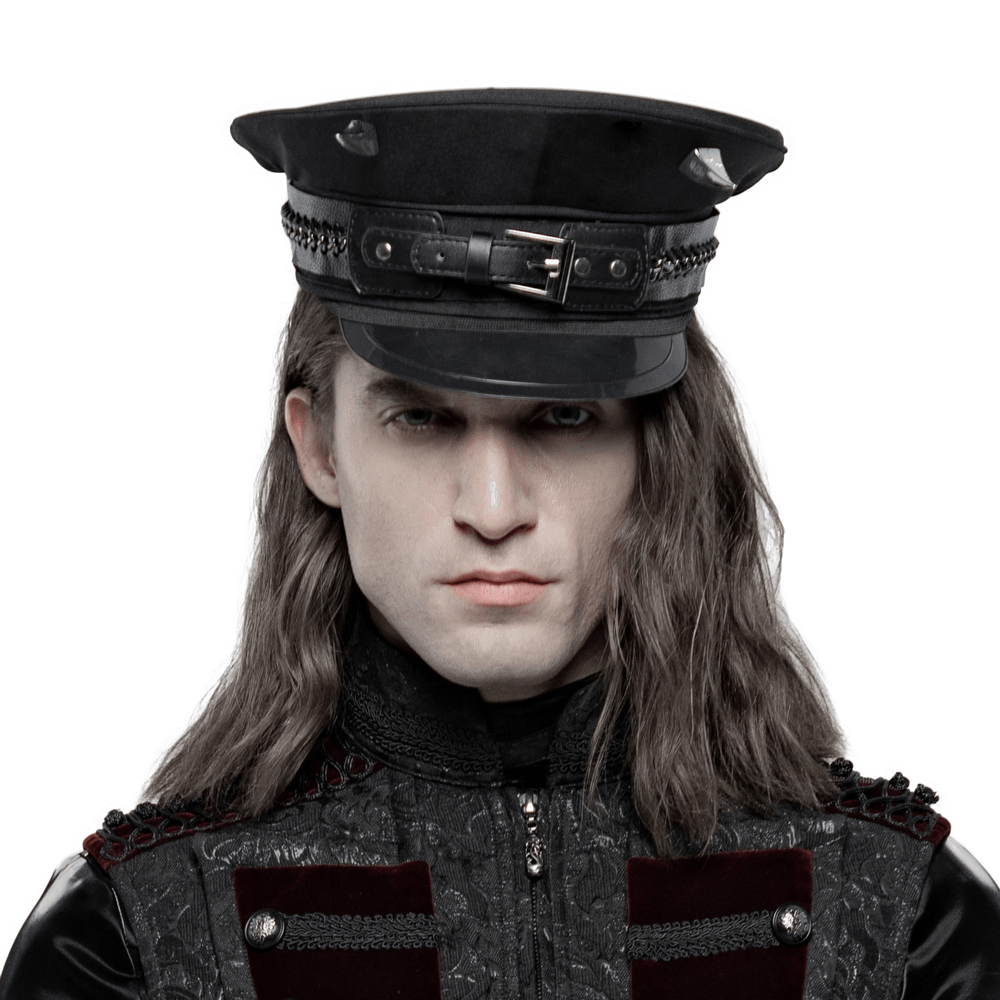 Edgy punk costume cap with PU leather buckles and spikes worn by a model, showcasing a bold punk aesthetic.