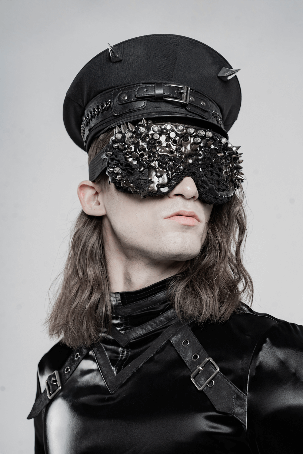 Edgy Punk Military Cap with PU Leather Buckles and Spikes