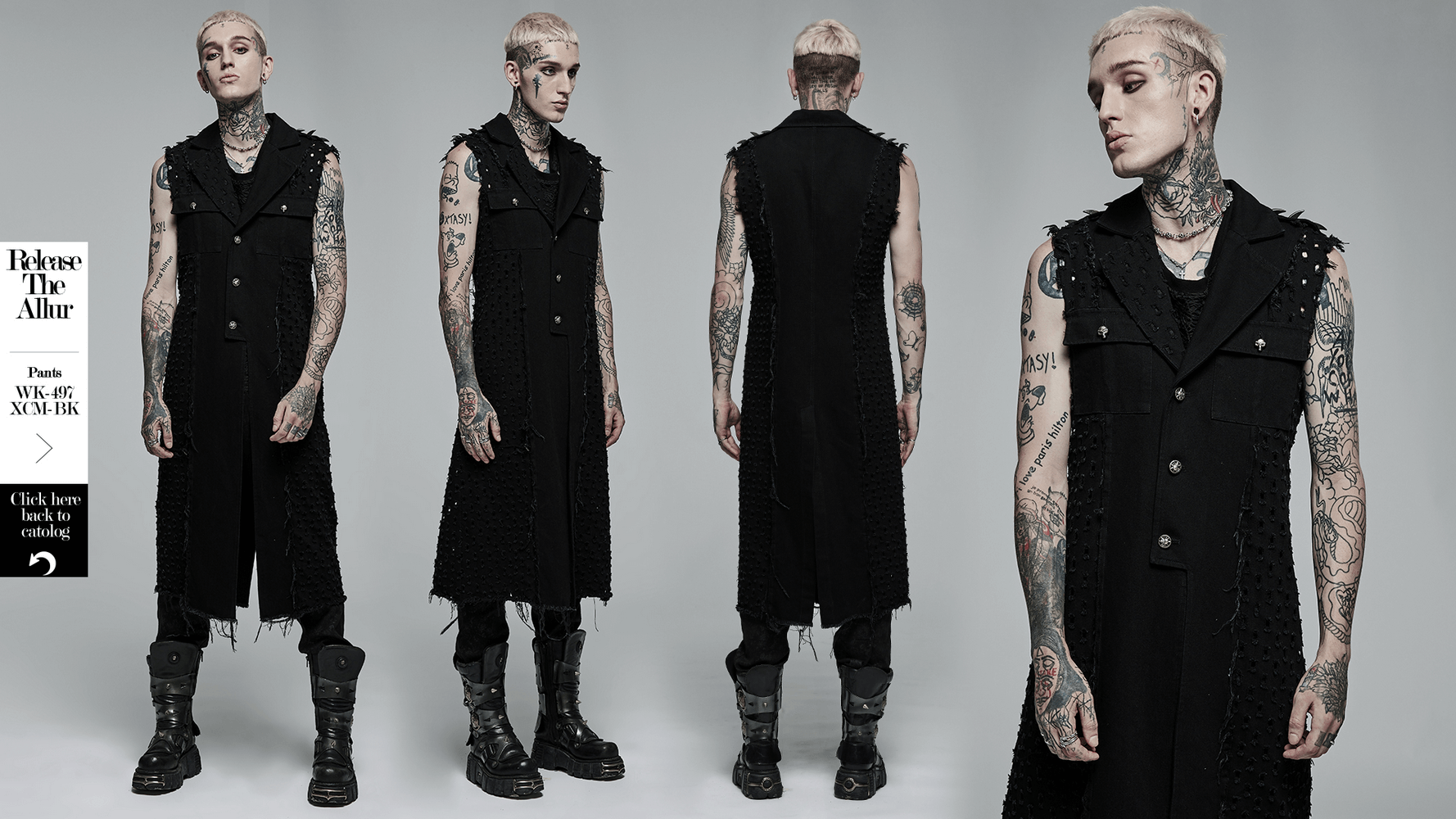 Edgy punk medium-length cape with distressed detailing, showcasing a bold alternative fashion statement.
