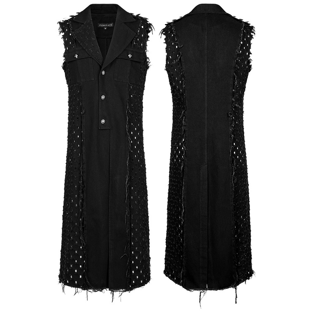 Edgy punk medium-length black cape with distressed detailing and frayed edges, perfect for alternative fashion.