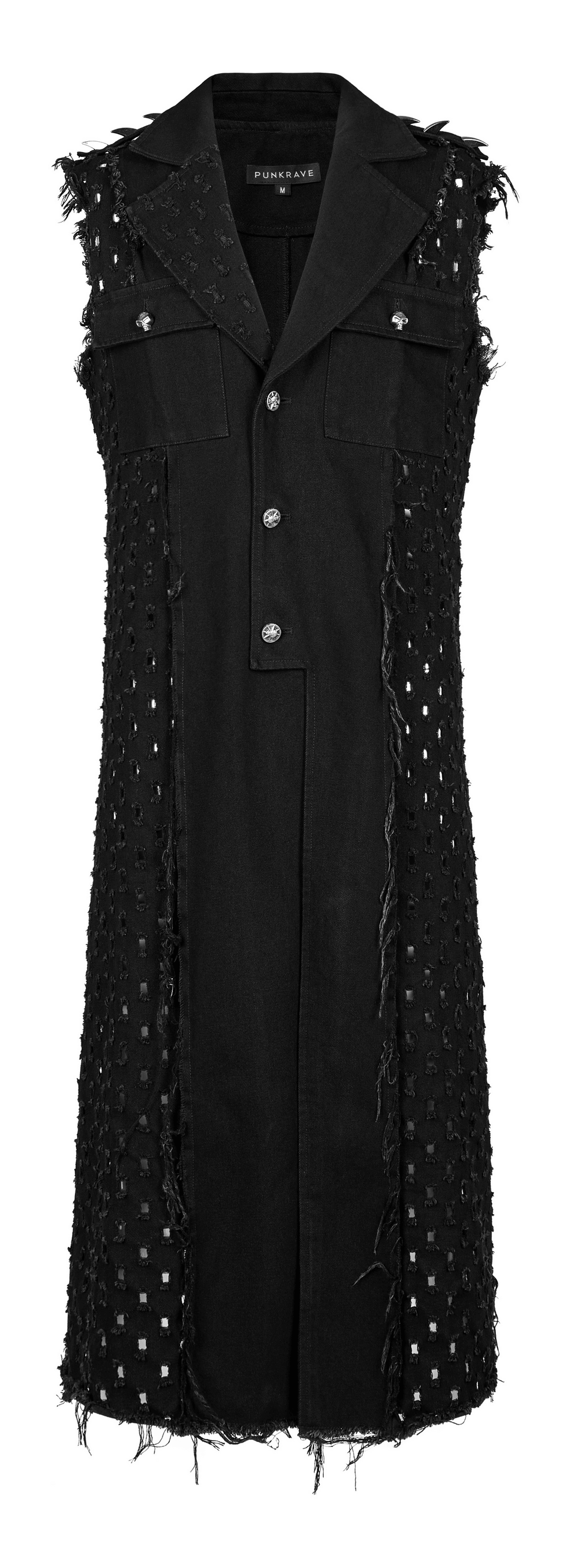 Edgy punk medium-length cape with distressed detailing and frayed edges, perfect for alternative fashion.