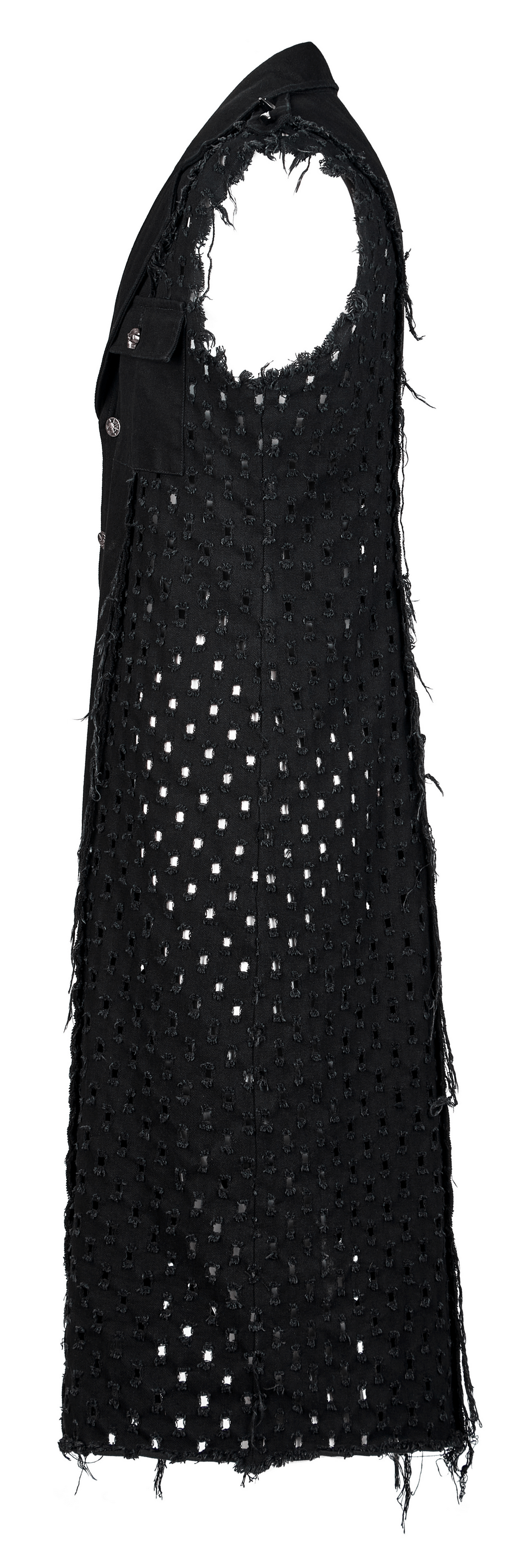 Edgy vintage punk medium-length cape with distressed detailing and frayed edges in bold black fabric.