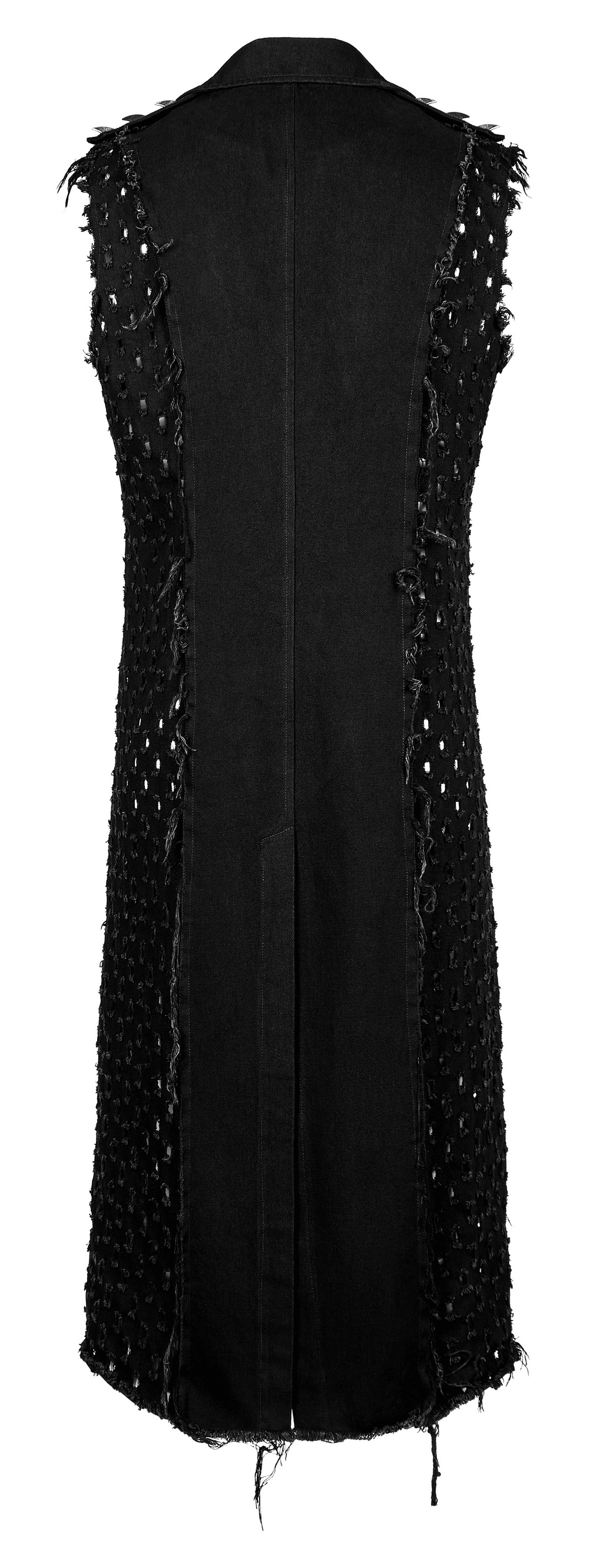 Edgy black medium-length punk cape with distressed detailing and frayed edges, perfect for alternative fashion lovers.