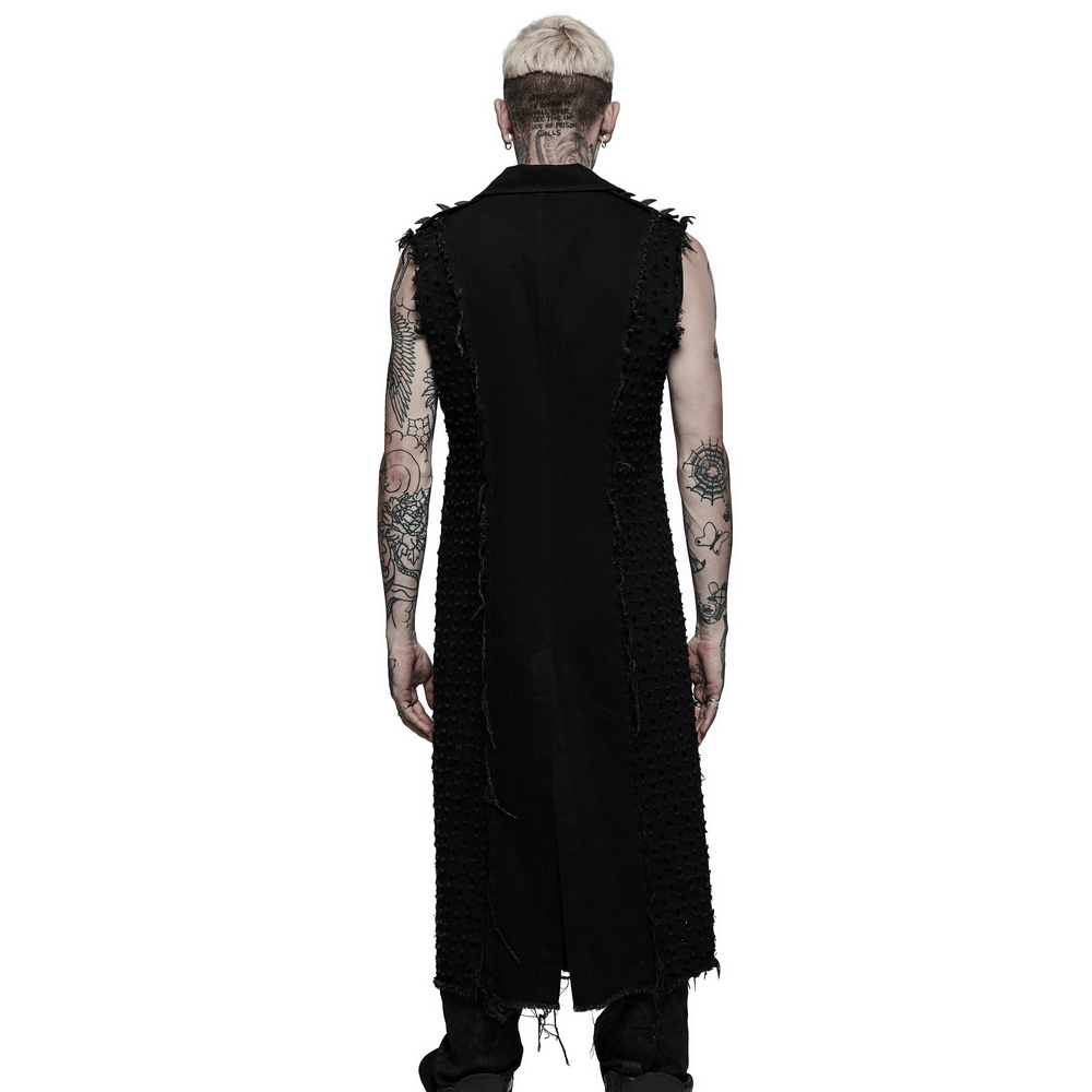 Back view of edgy punk medium-length cape with frayed edges and distressed detailing.
