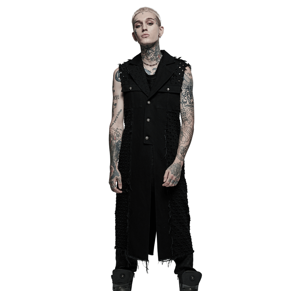 Edgy punk medium-length cape featuring distressed detailing and frayed edges, perfect for alternative fashion lovers.