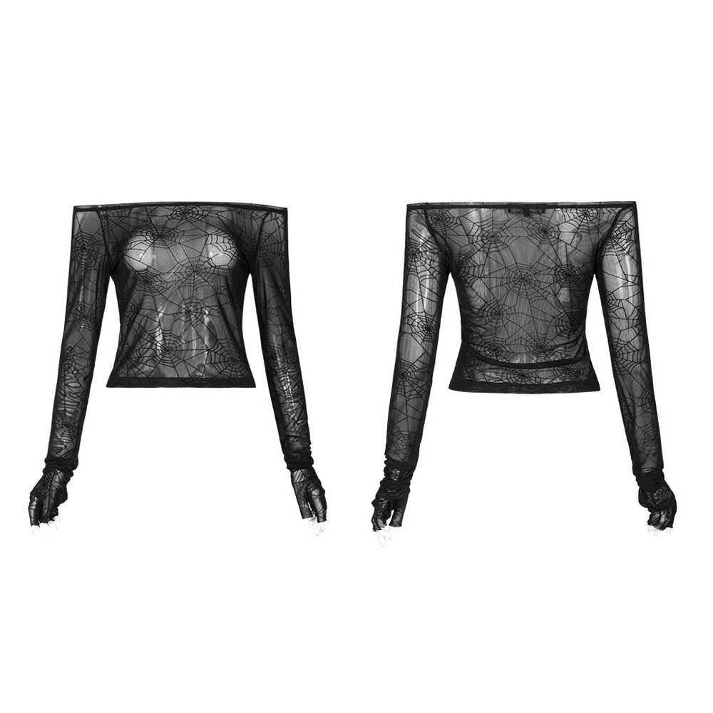 Edgy punk velvet cobweb mesh top with half-cut finger cuffs, showcasing a chic spider web design in black.
