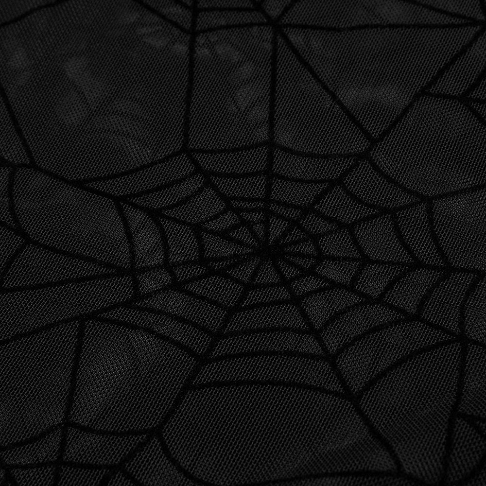 Close-up of a black spider web mesh fabric, perfect for edgy punk fashion and unique clothing designs.