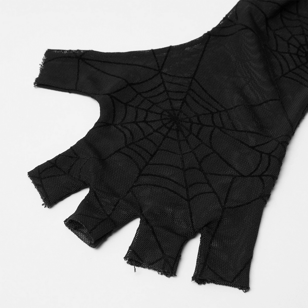 Half-cut spider web mesh glove with intricate web pattern, perfect for edgy punk fashion looks.