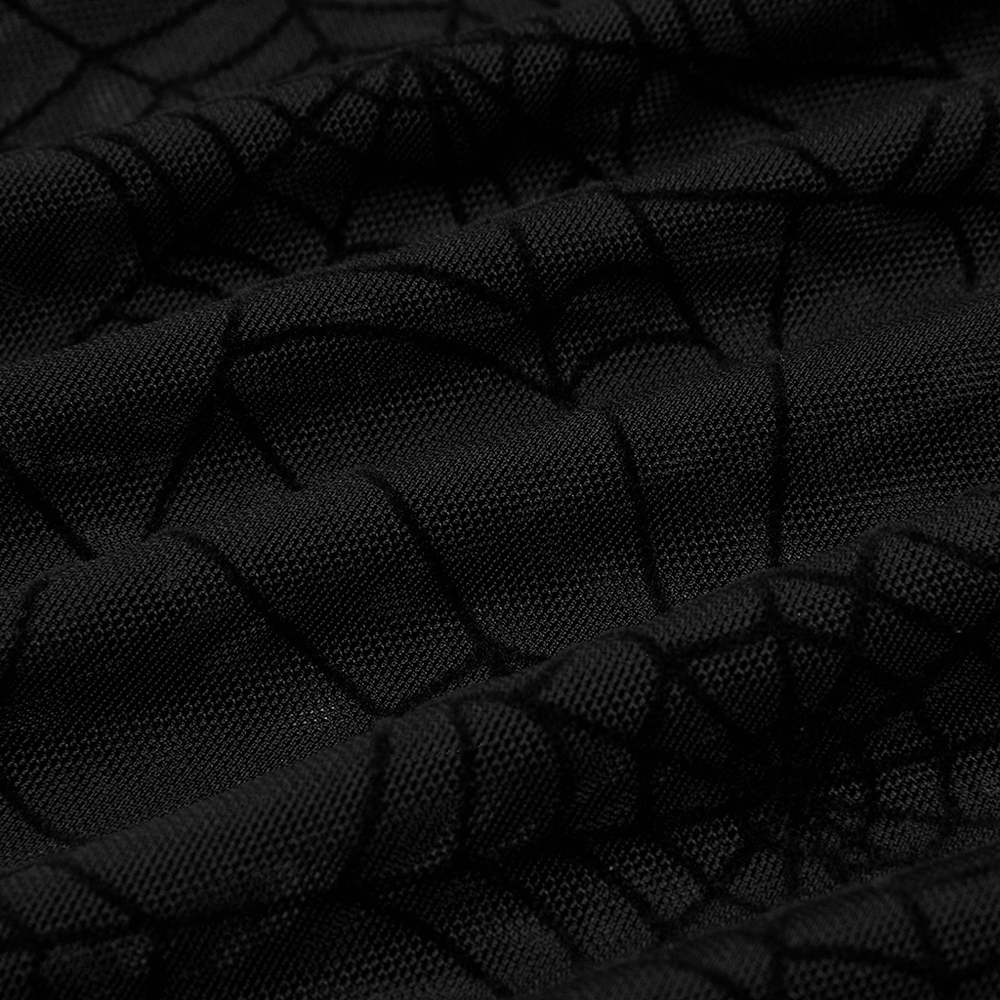 Close-up of edgy black mesh fabric featuring spider web pattern, perfect for punk alternative fashion.