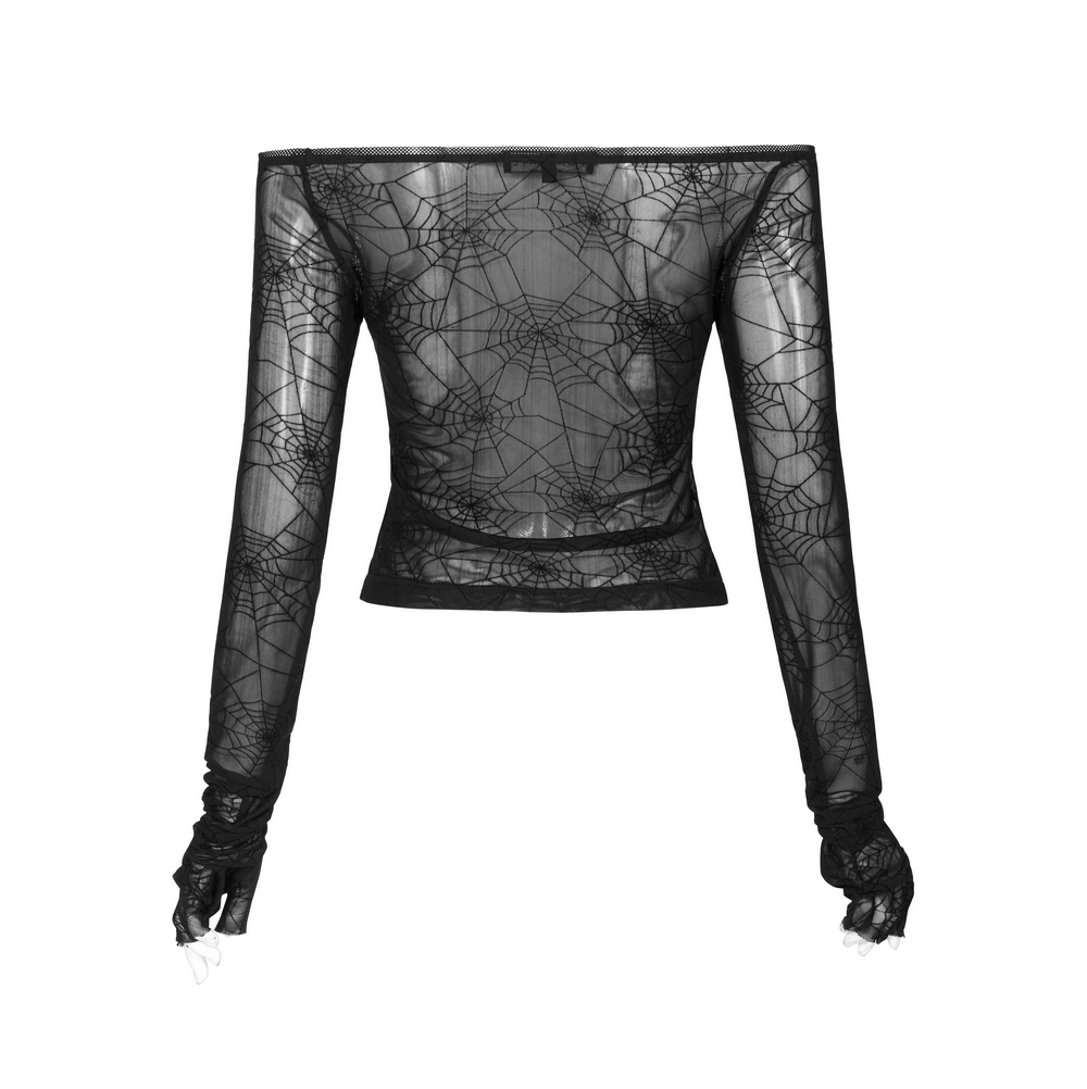 Edgy black velvet cobweb mesh top with off-shoulder design and stylish half-cut finger cuffs.