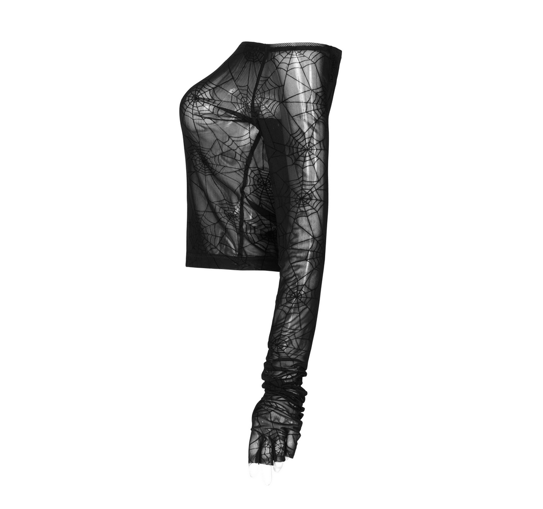 Edgy punk spider mesh top with half-cut finger cuffs, showcasing a seductive black cobweb design.