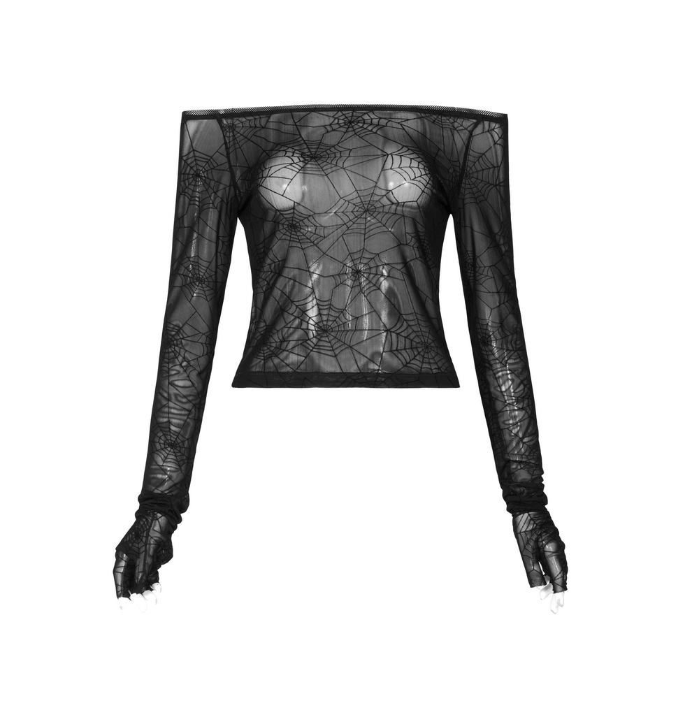 Chic punk spider mesh top with long sleeves and finger cuffs for a bold alternative fashion statement.