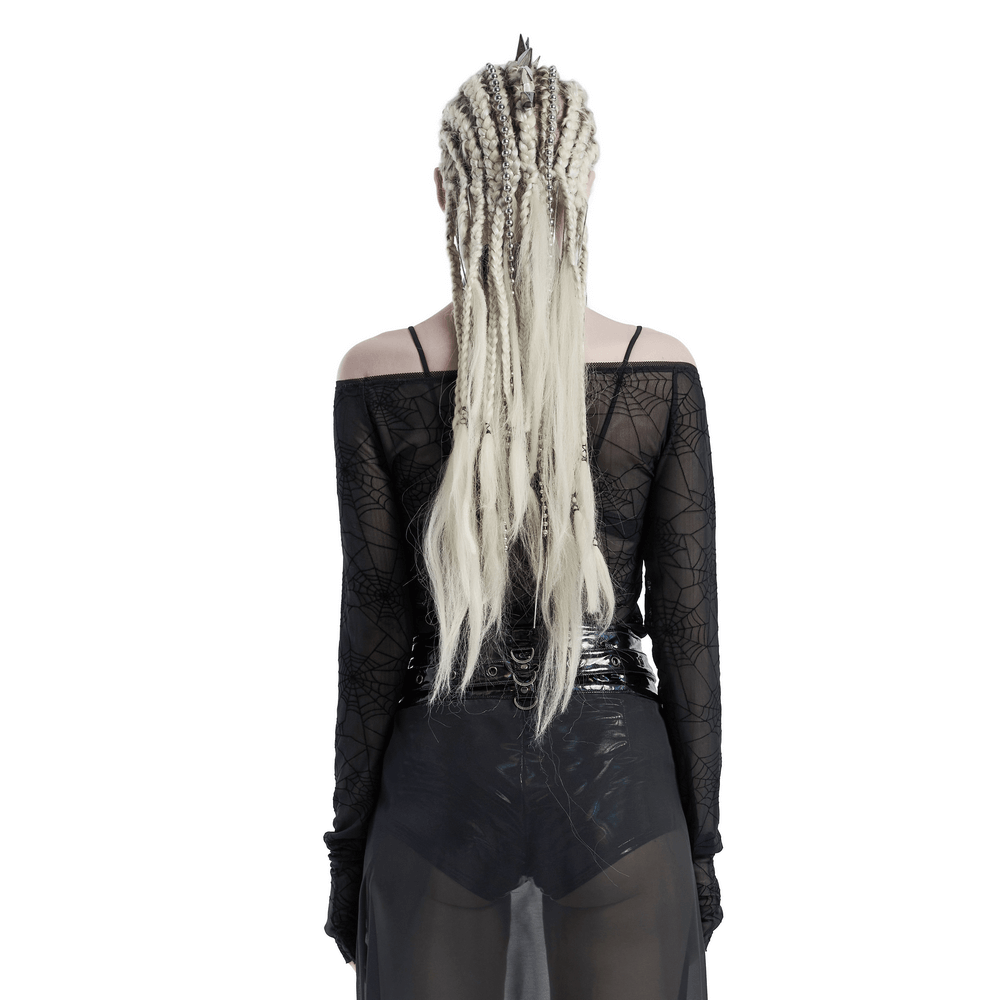 Back view of a model in an edgy punk spider mesh top with braided hair, perfect for alternative fashion.