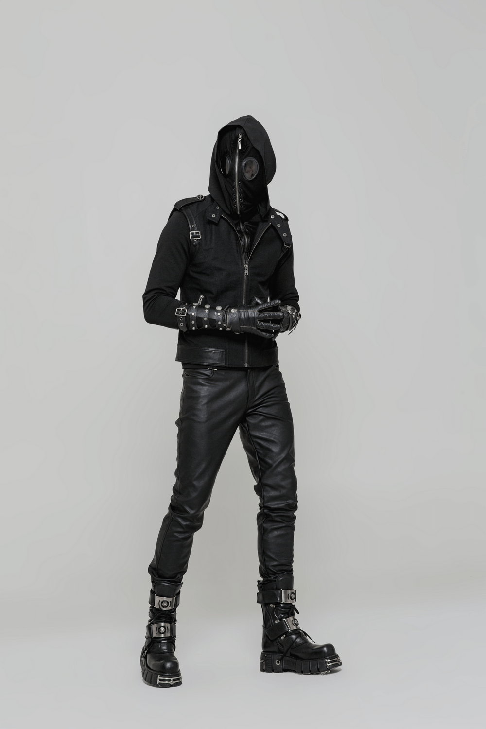 Edgy punk outfit featuring a hooded jacket, tight leather pants, gloves, and rugged boots for a bold urban style.