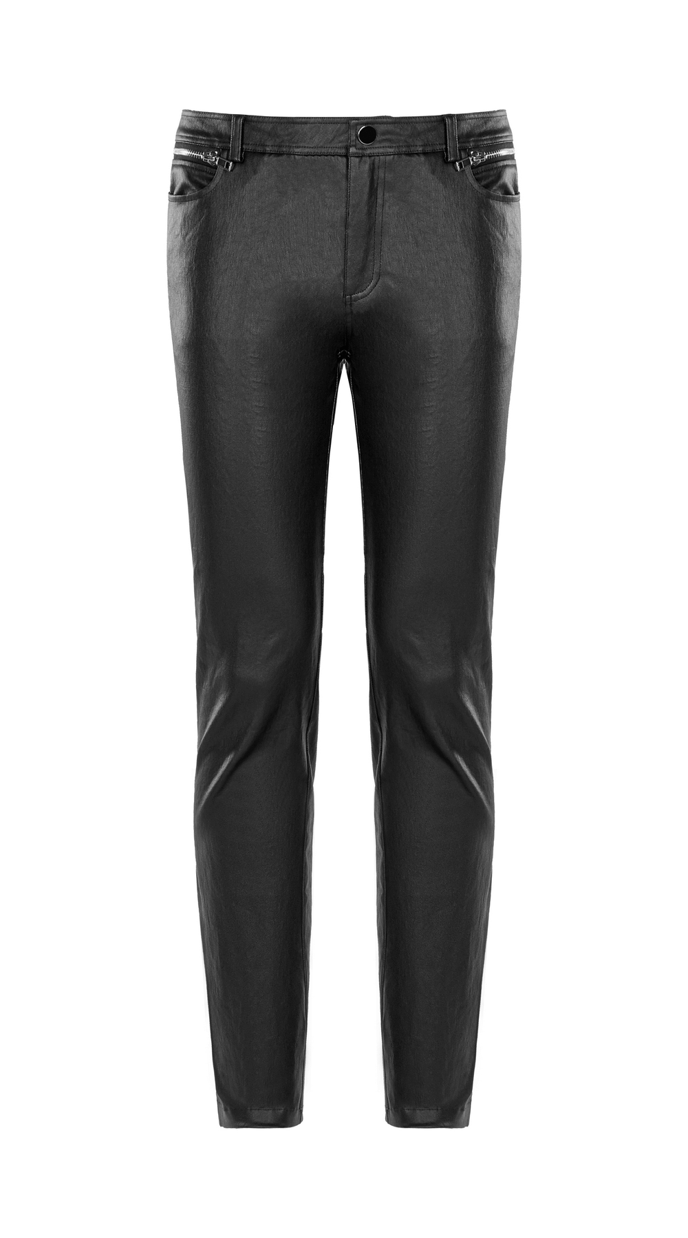 Edgy punk PU slim-fit fashion trousers for men in black, featuring metal zipper details for a stylish look.