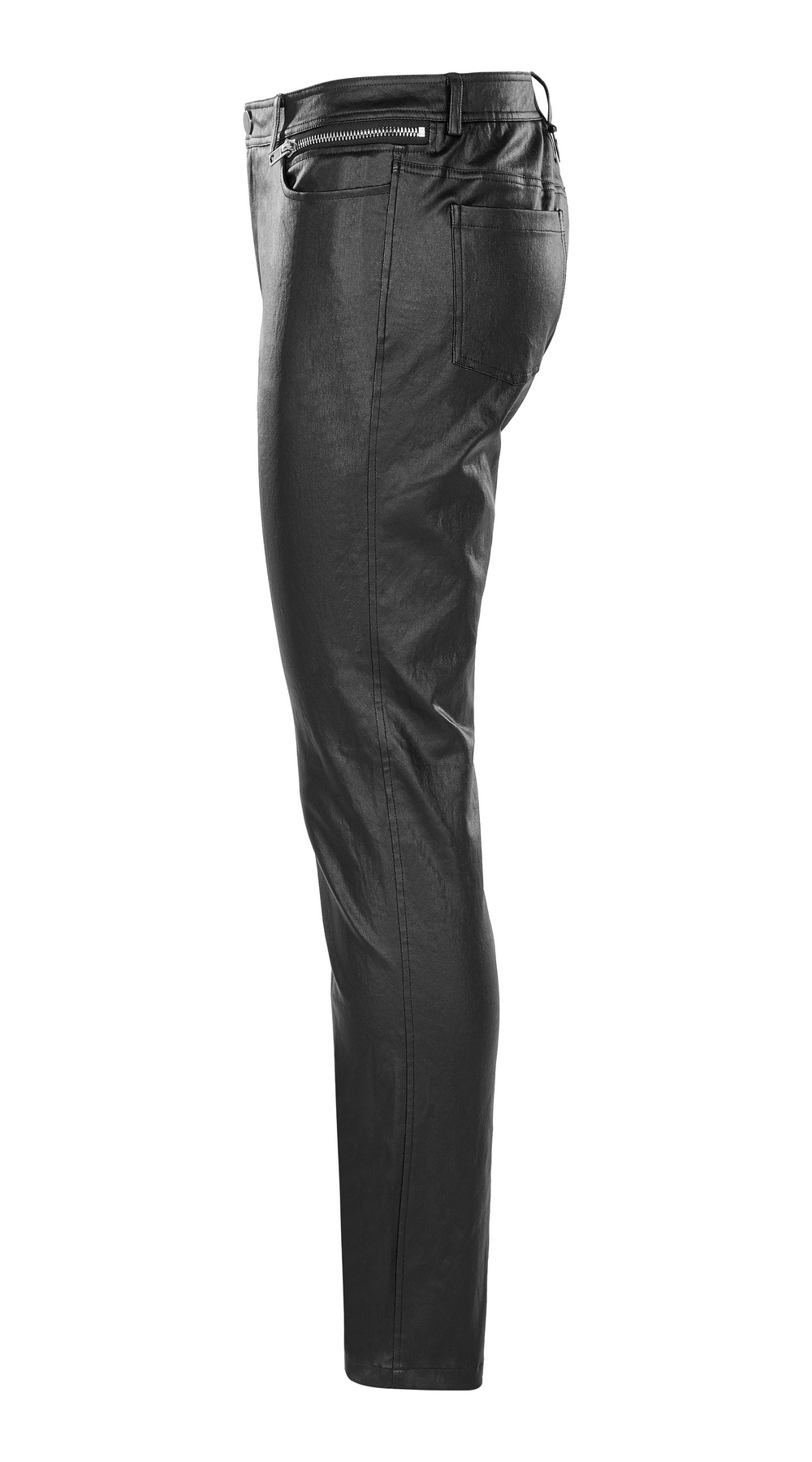 Edgy punk PU slim-fit trousers for men in sleek black faux leather, showcasing a stylish side view.