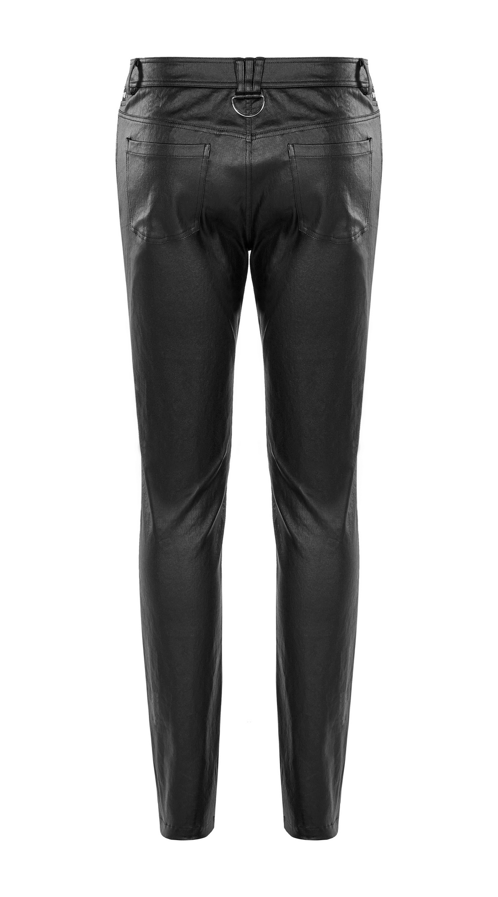 Back view of Edgy Punk PU Slim-Fit Fashion Trousers for Men in black faux leather.
