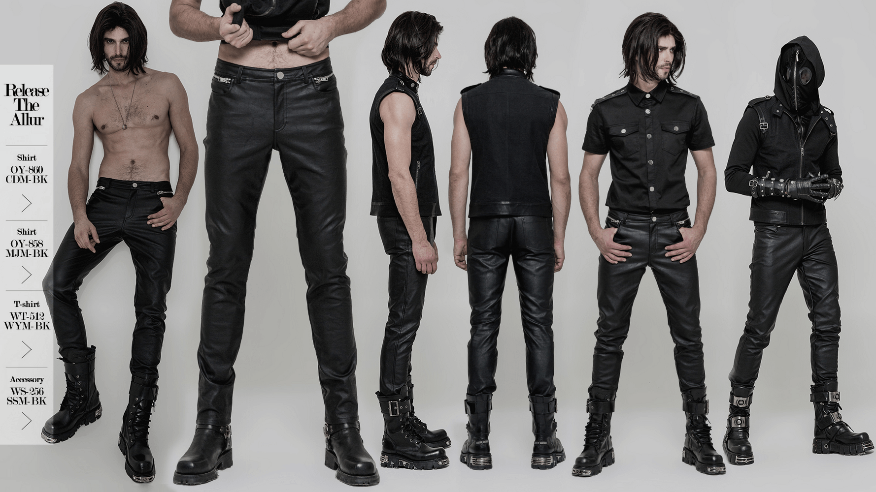 Men showcasing edgy punk PU slim-fit trousers in various poses and outfits, emphasizing urban style and sophistication.