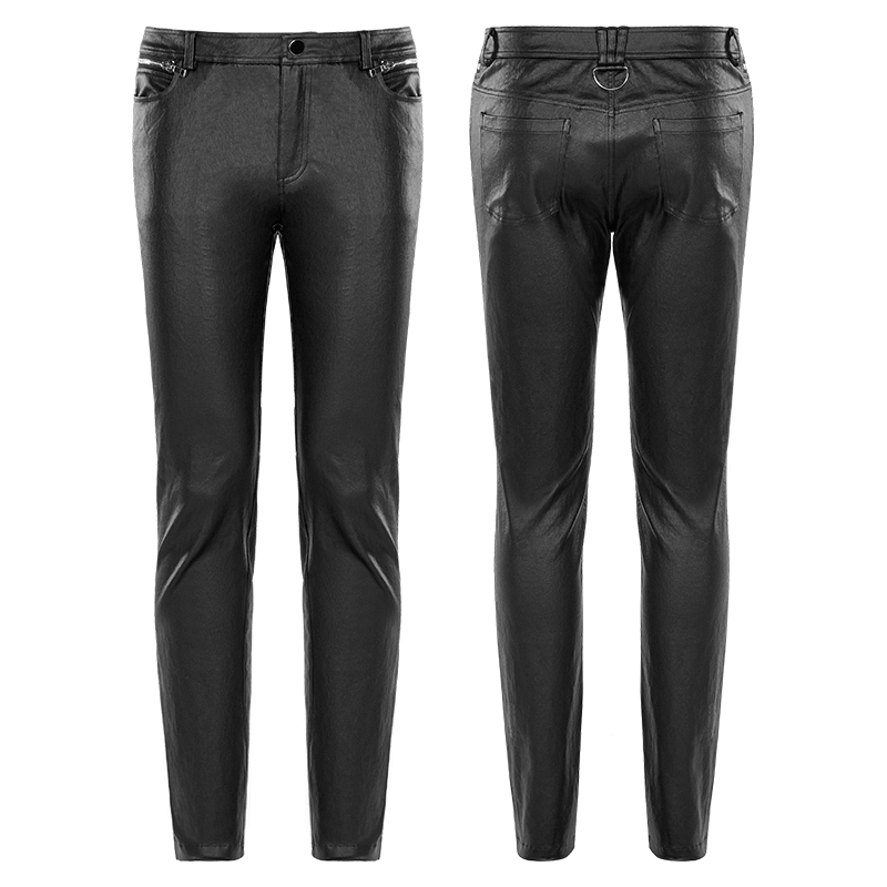 Edgy punk PU slim-fit fashion trousers for men in sleek black faux leather with zipper details.