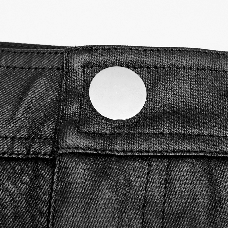 Close-up of the metal button detail on Edgy Punk PU Slim-Fit Fashion Trousers for Men.