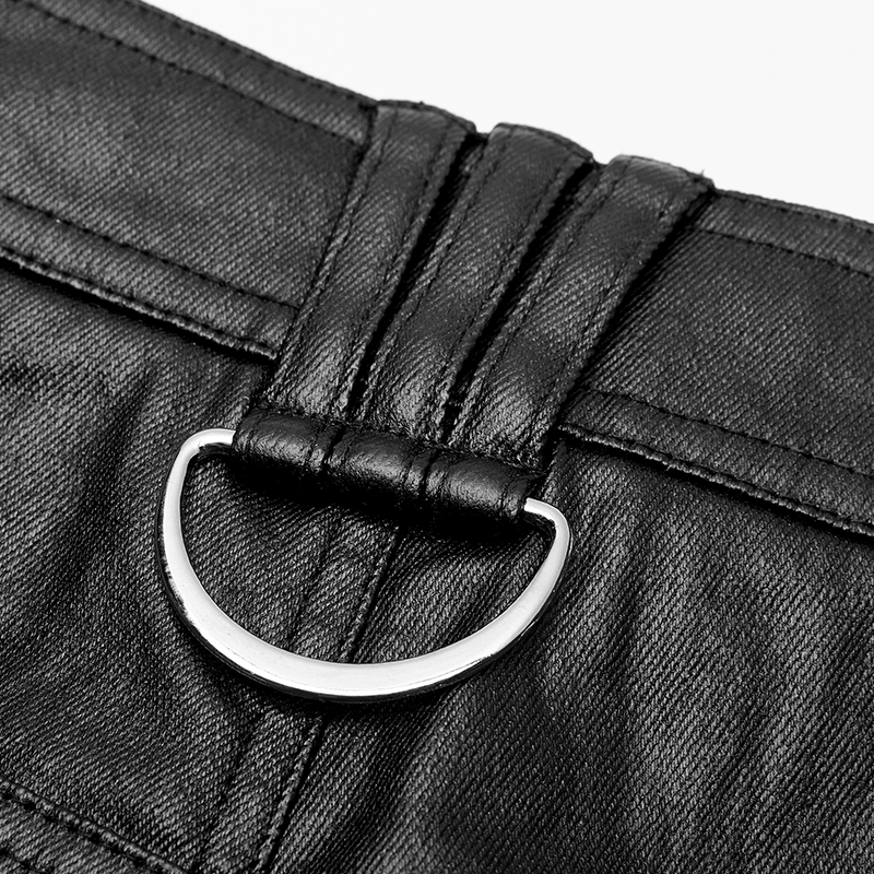 Close-up of heavy metal buckle detail on Edgy Punk PU slim-fit trousers for men.