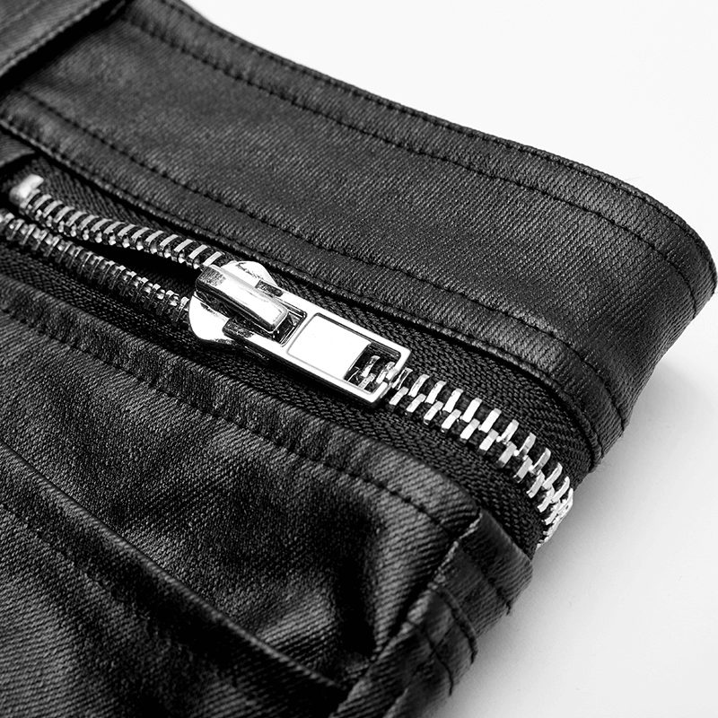 Close-up of heavy metal zipper detail on Edgy Punk Slim-Fit Faux Leather Trousers, showcasing stylish elements.