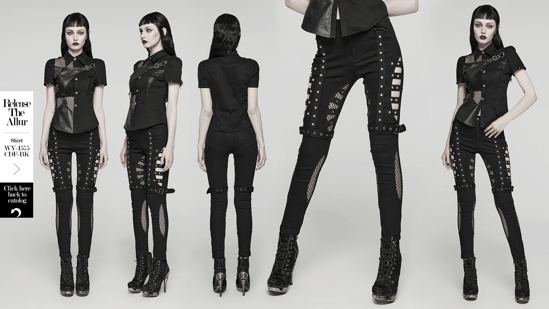 Edgy punk riveted slim jeans with mesh panels and buckles, showcasing unique asymmetrical design and stylish details.