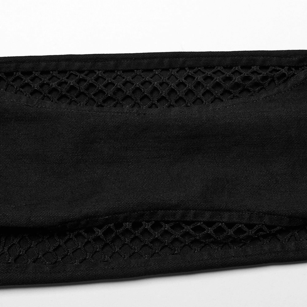 Close-up of black stretchy fabric with mesh detailing, showcasing punk style for edgy fashion lovers.