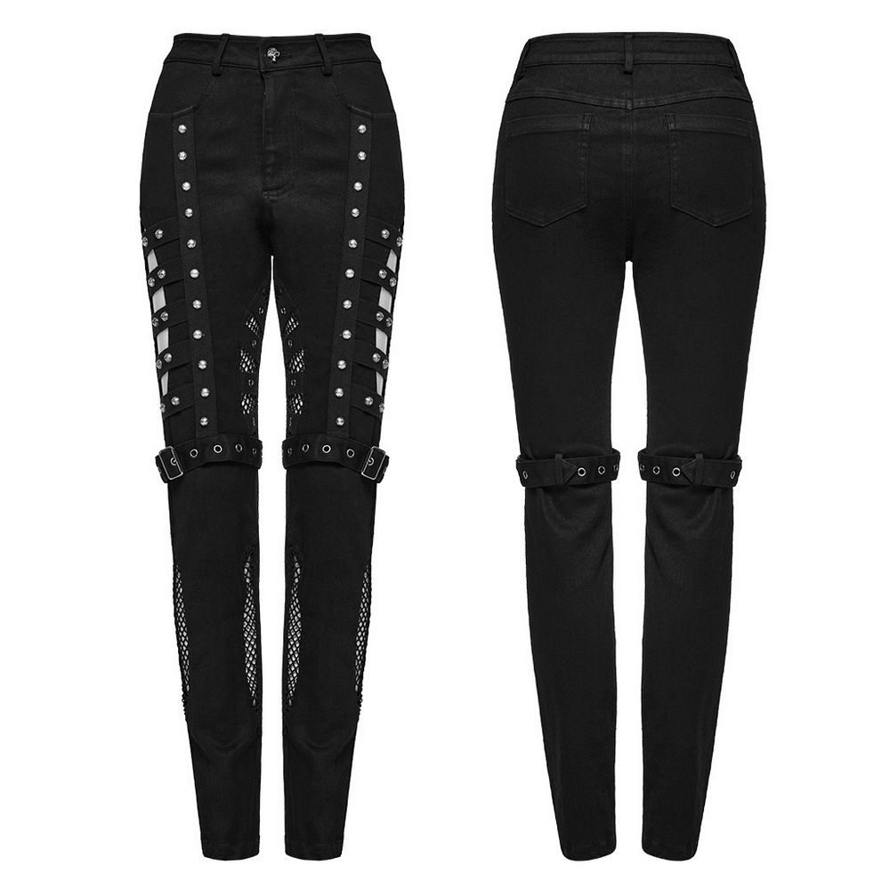 Edgy black punk jeans with mesh panels, rivets, and buckle details for a bold statement look.