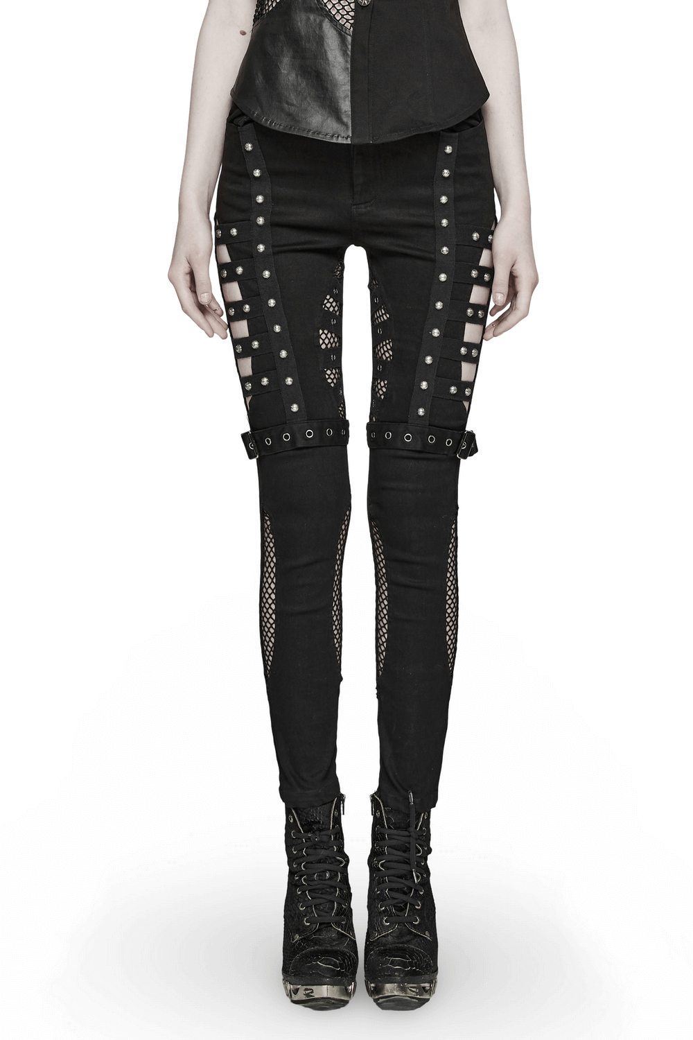 Edgy punk slim jeans with mesh panels, riveted details, and asymmetrical design for a bold fashion statement.