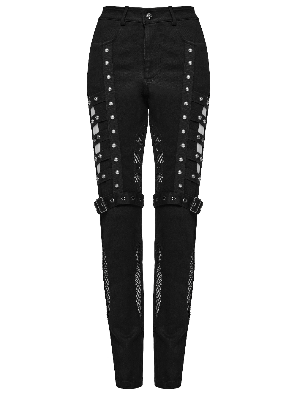 Edgy punk slim jeans in black with mesh panels, rivets, and asymmetrical design for a bold fashion statement.