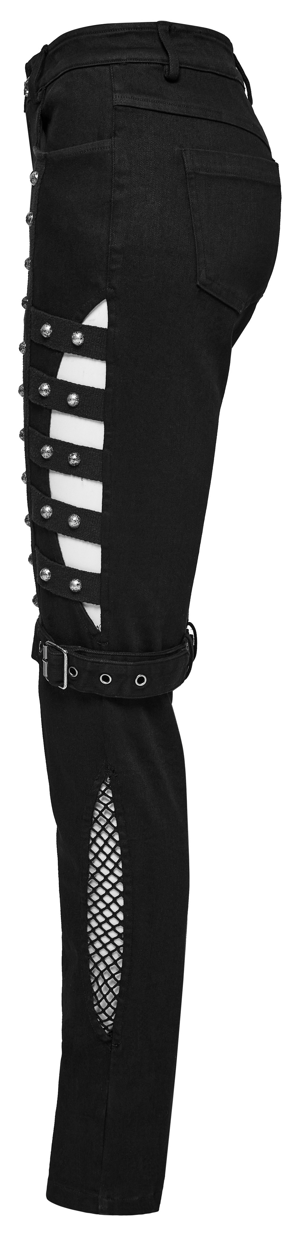 Edgy Punk Riveted Slim Jeans with Mesh Panels and Buckles