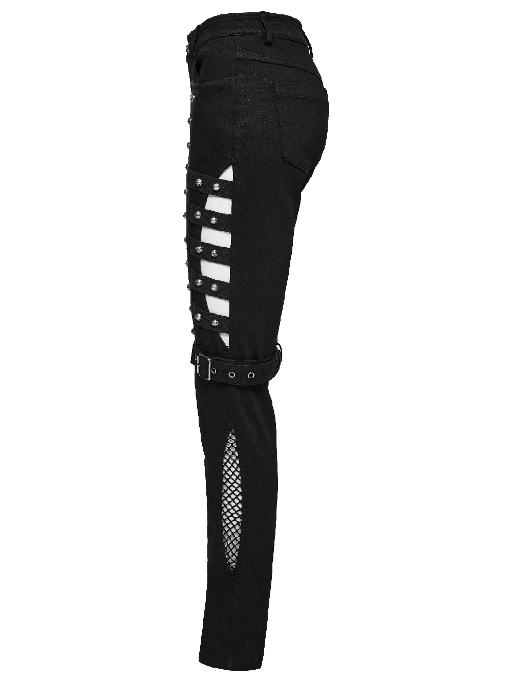 Edgy punk slim jeans with mesh panels, buckles, and stud embellishments, side view, perfect for a bold fashion statement.