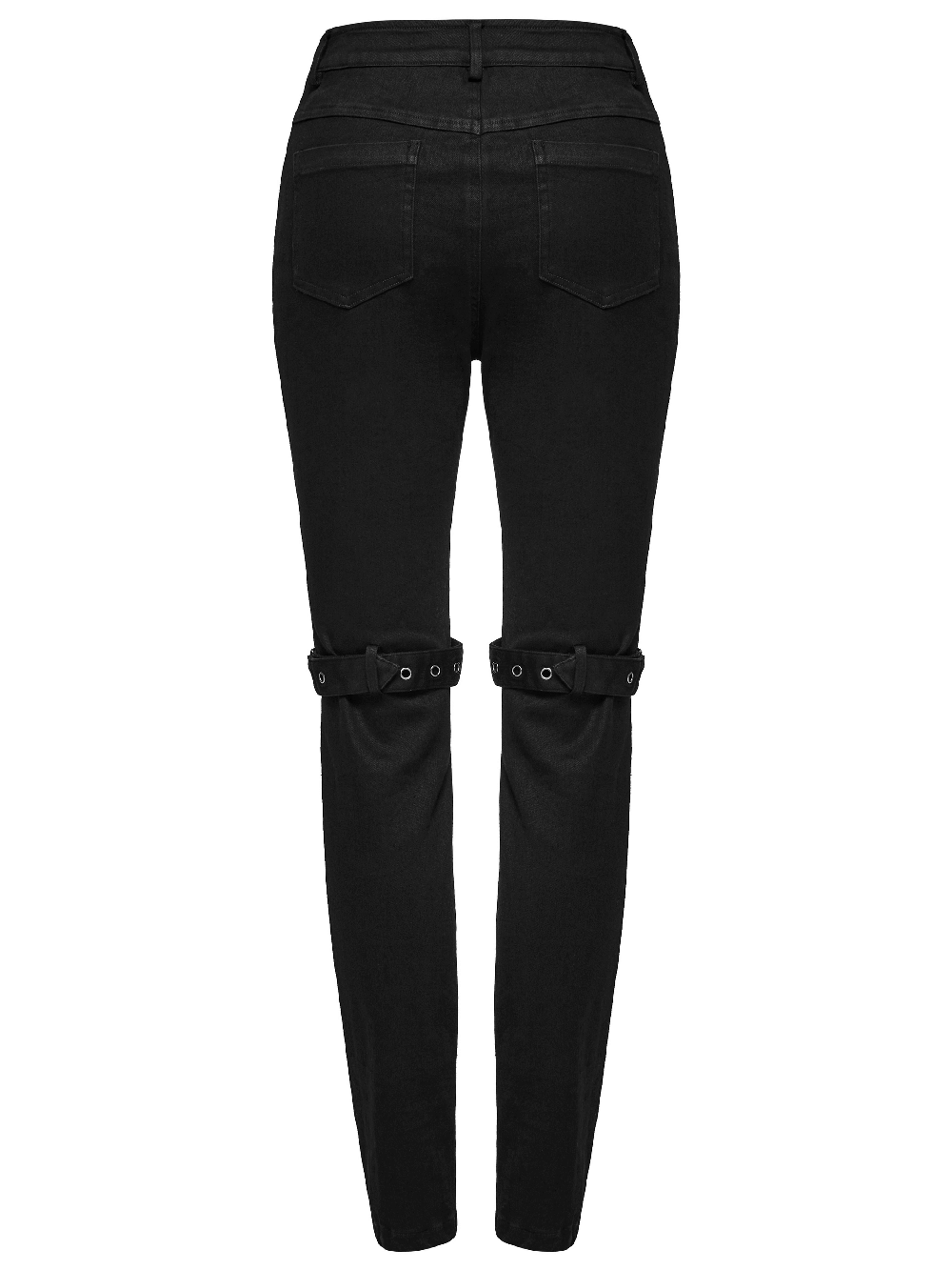 Back view of edgy punk riveted slim jeans with mesh panels and buckle details in black.