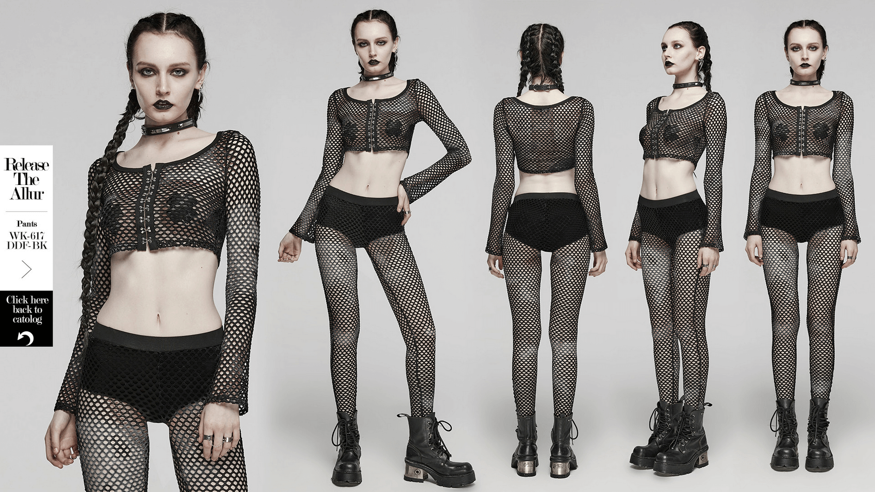 Edgy punk rock long sleeve mesh crop top for women, featuring a sheer design and front hooks, perfect for high fashion styling.