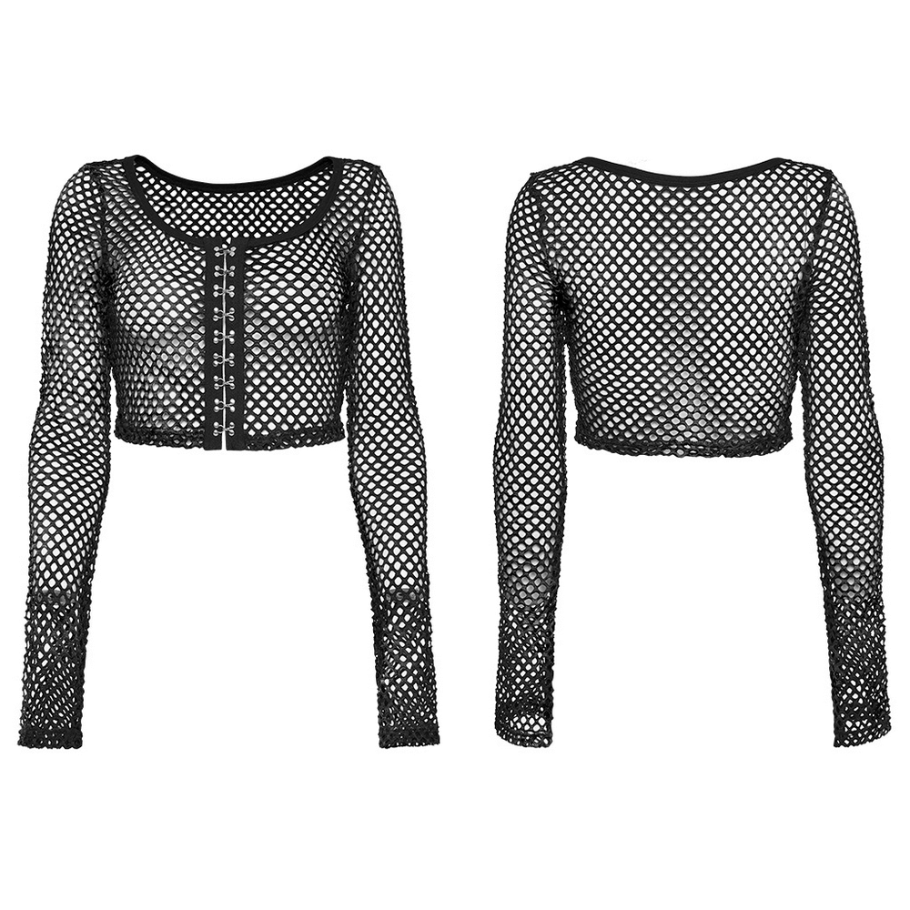 Edgy black mesh long sleeve crop top for women with hooks, perfect for punk rock vibes and trendy outfits.