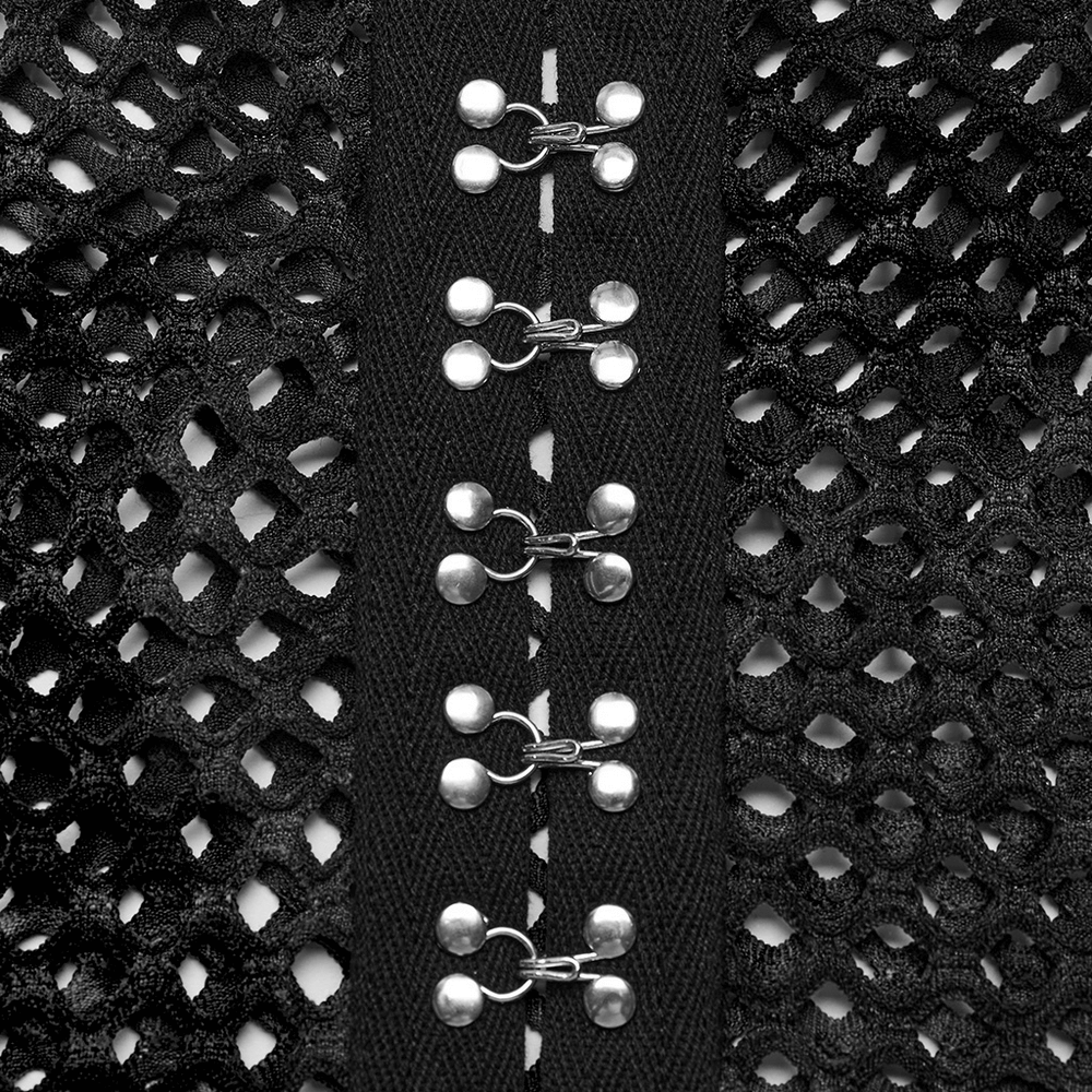 Close-up of black mesh fabric with stylish silver hooks for a punk rock crop top, blending edgy design and modern flair.