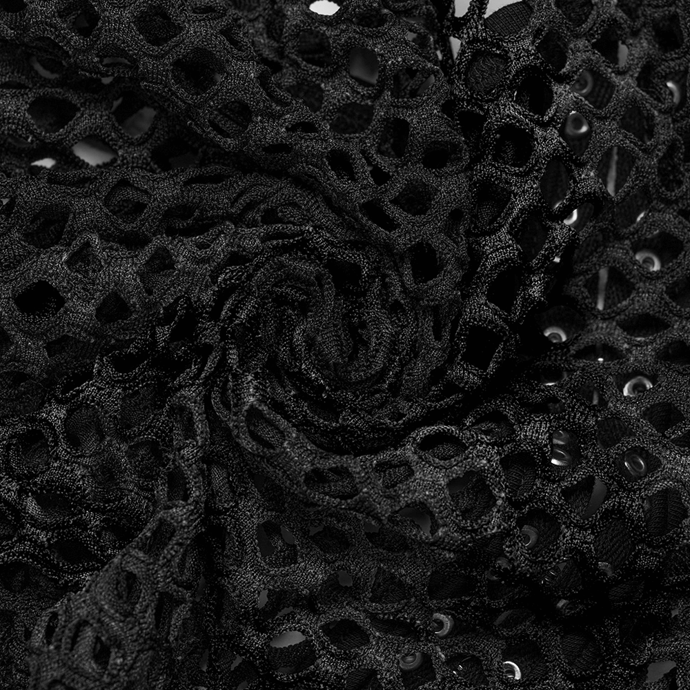 Close-up of black mesh fabric with intricate fishnet design, ideal for edgy punk rock fashion.