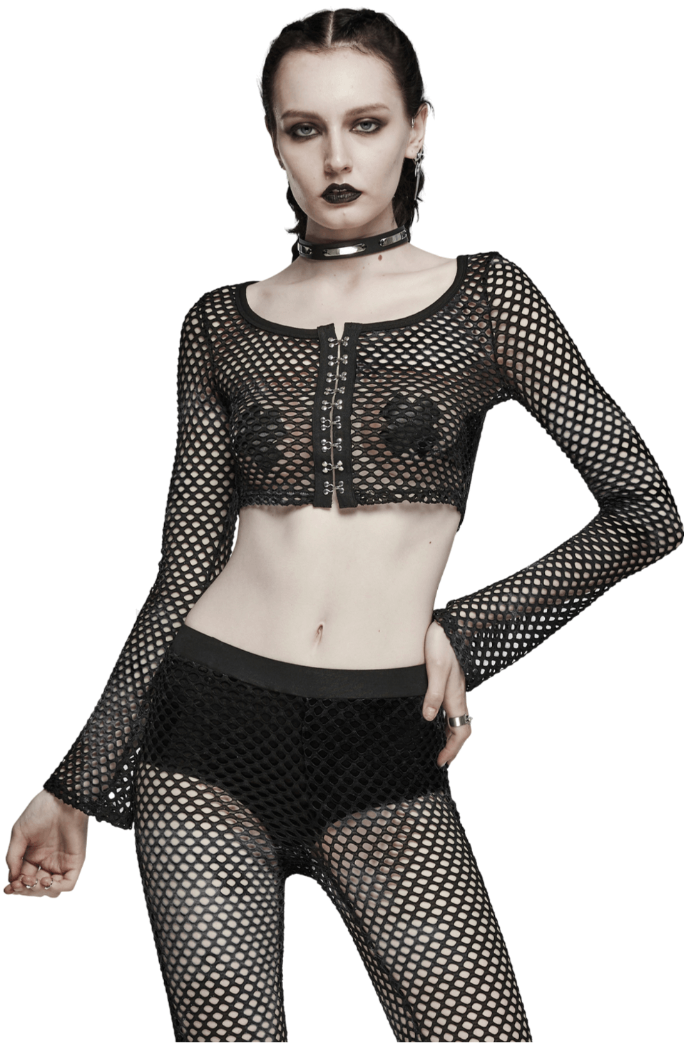 Edgy punk rock black mesh crop top for women with long sleeves and hooks, perfect for a trendy and stylish look.