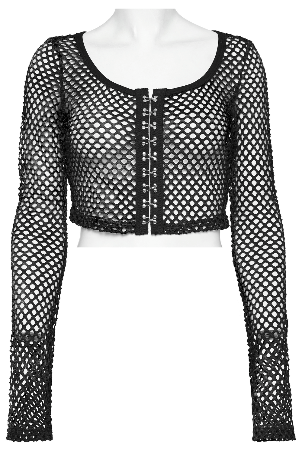 Edgy black mesh crop top with long sleeves and front hooks for women, perfect for punk rock fashion enthusiasts.