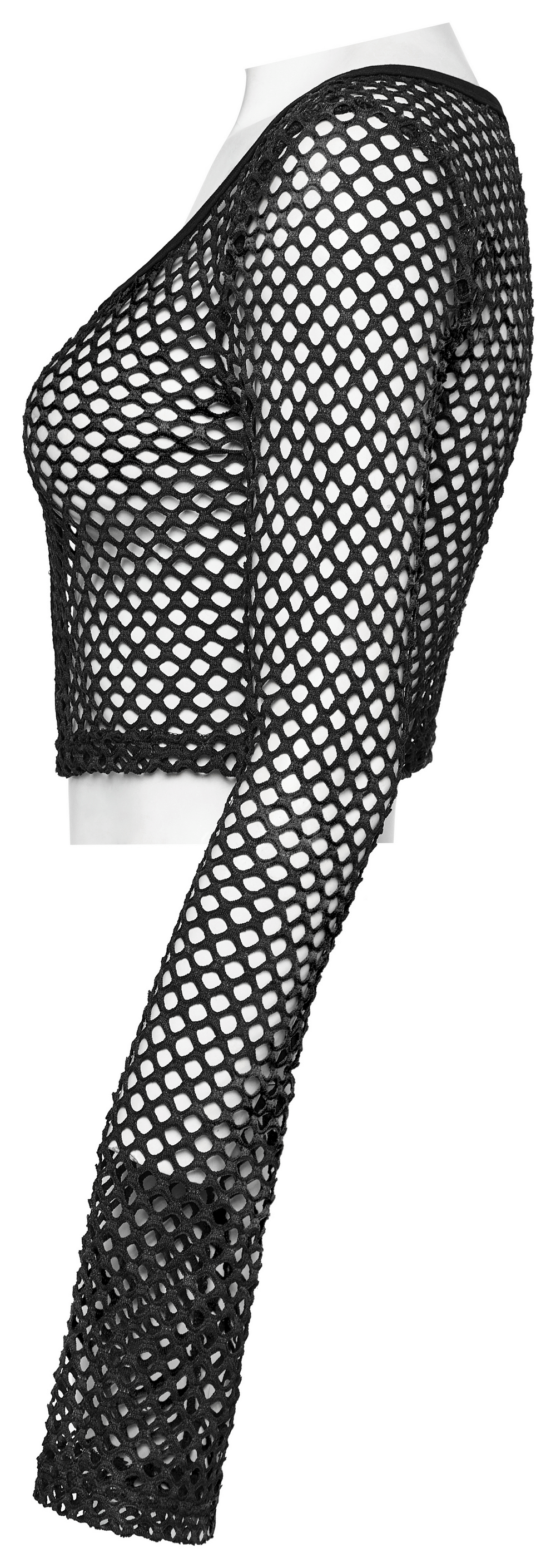 Edgy black mesh crop top with long sleeves featuring fishnet design and front hooks for women.