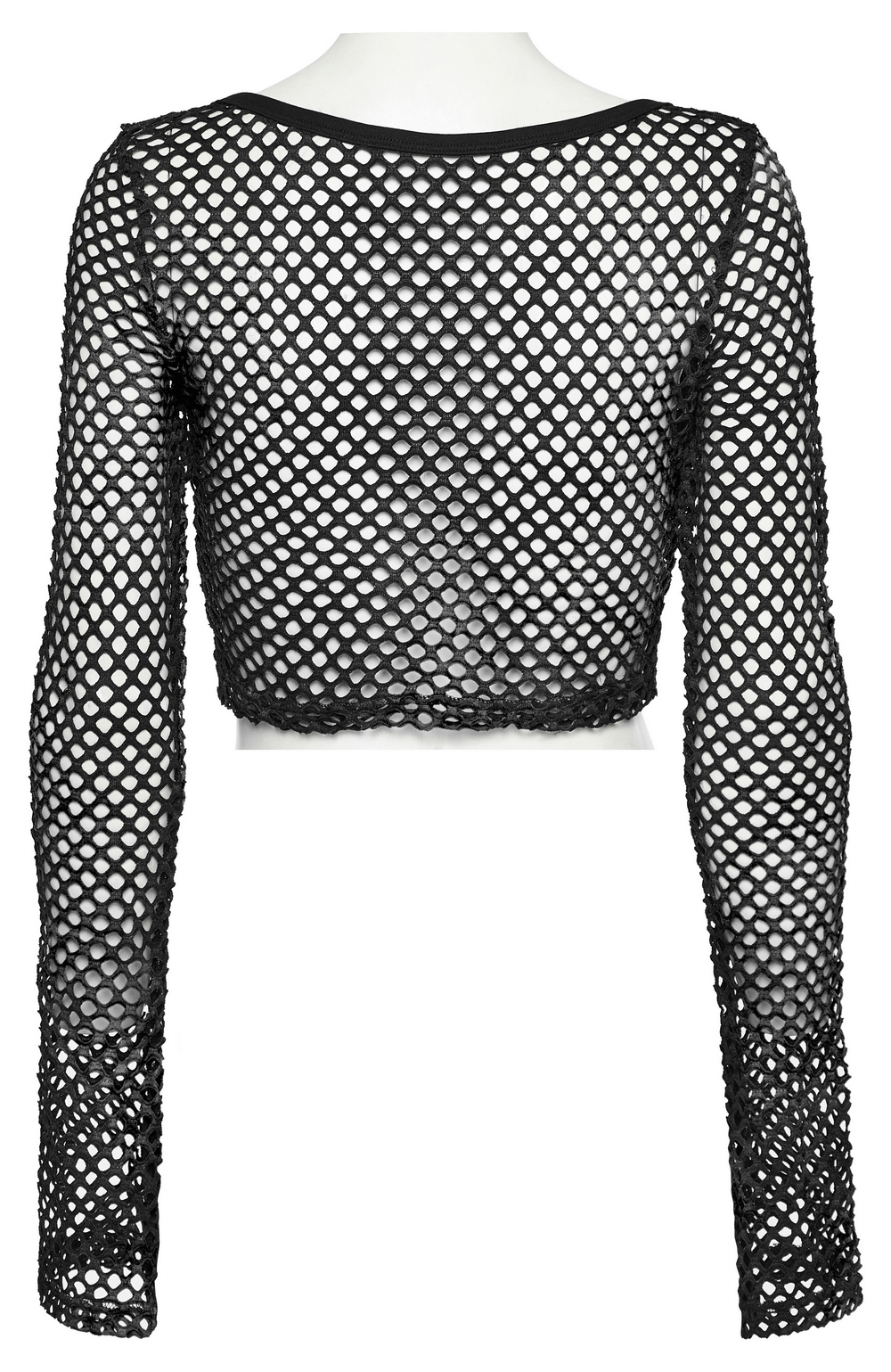 Edgy black mesh long sleeve crop top with intricate fishnet design and convenient hooks for women.