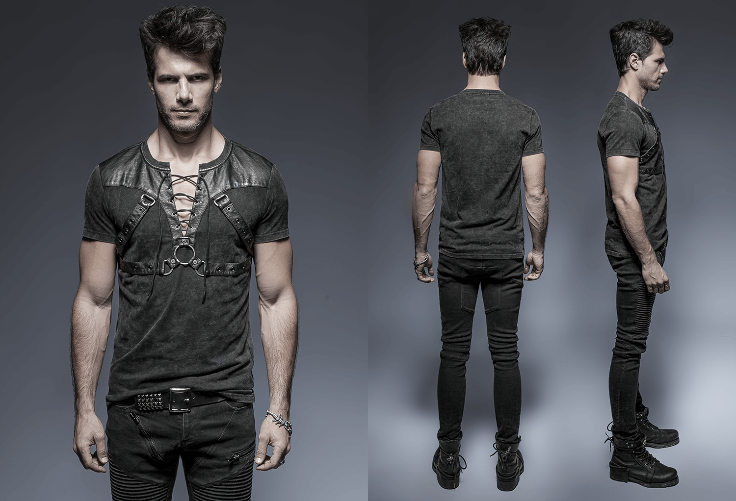 Edgy Punk Rock T-Shirt with Leather and Rope Details